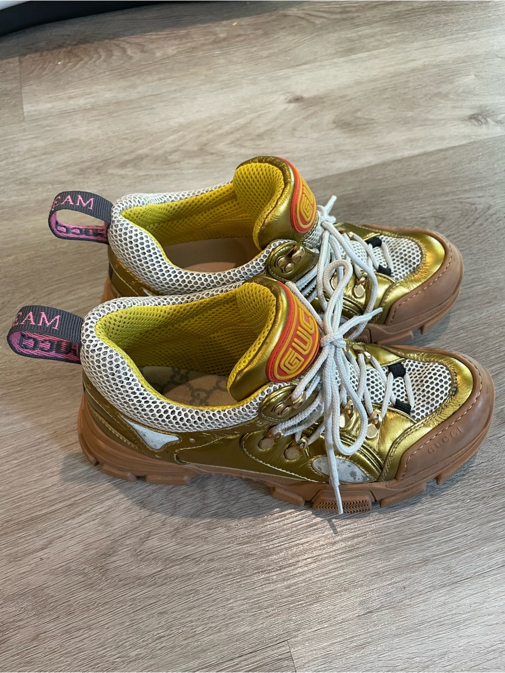 Gucci Metallic Gold, White & Tan Mesh Athletic Sneakers - Picture 3 of 13